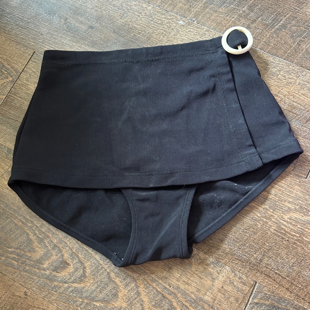 Beach Bay Black Ribbed High Waisted Skirted Bikini Bottoms Faux Wrap Buckle 10
